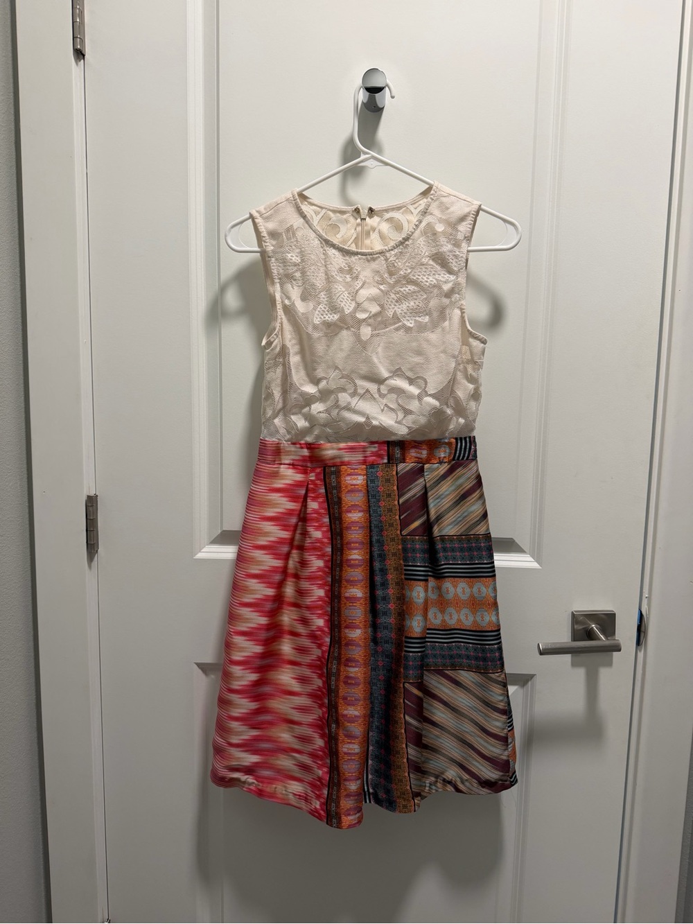 Multicolor Patchwork Dress with Cream Lace Bodice